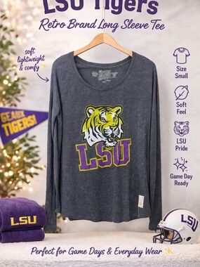 Original Retro Brand LSU Tigers Gray Long Sleeve Tee with Yellow & Purple Logo